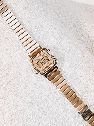 Angle shot of Casio Retro Vintage Chronograph LA670WEGA-9EF Gold Stainless Steel Womens Watch on white background