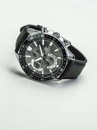 Angle shot of Casio Edifice Chronograph EFV-620L-1AVUEF Black Leather Mens Watch on white background