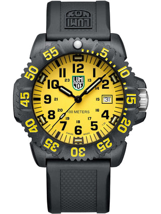Angle shot of Luminox X2.2055.1 Yellow Dial Black Silicone Unisex Watch on white background