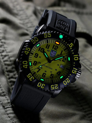 Angle shot of Luminox X2.2055.1 Yellow Dial Black Silicone Unisex Watch on white background