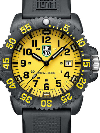 Front view of Luminox X2.2055.1 Yellow Dial Black Silicone Unisex Watch on white background