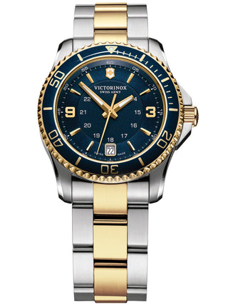 Front view of Victorinox 241790 Blue Dial Gold Stainless Steel Womens Watch on white background