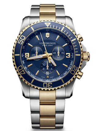 Front view of Victorinox Chronograph 241791 Blue Dial Gold Stainless Steel Unisex Watch on white background