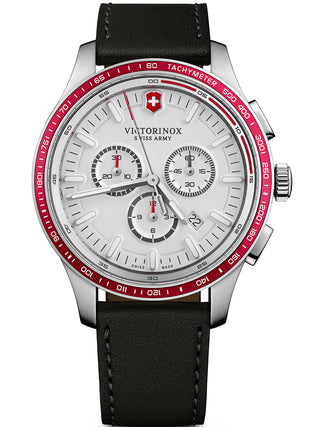 Front view of Victorinox Chronograph 241819 White Dial Black Leather Unisex Watch on white background