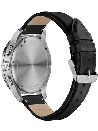 Angle shot of Victorinox Chronograph 241819 White Dial Black Leather Unisex Watch on white background
