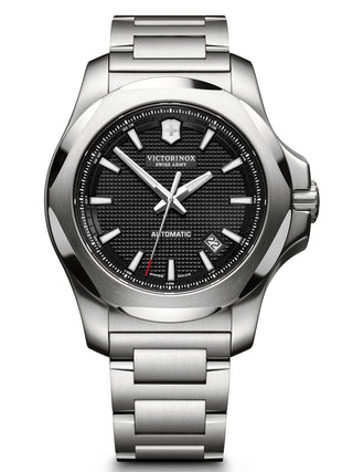 Front view of Victorinox 241837 Black Dial Silver Stainless Steel Unisex Watch on white background