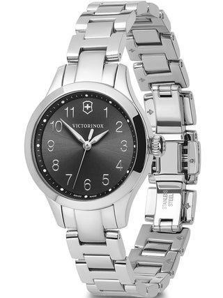 Angle shot of Victorinox 241839 Black Dial Silver Stainless Steel Womens Watch on white background