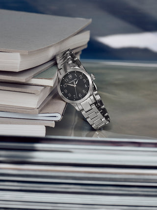 Angle shot of Victorinox 241839 Black Dial Silver Stainless Steel Womens Watch on white background