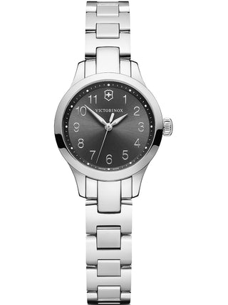 Front view of Victorinox 241839 Black Dial Silver Stainless Steel Womens Watch on white background