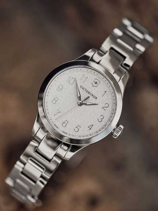Angle shot of Victorinox 241840 Silver Stainless Steel Womens Watch on white background
