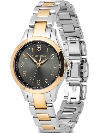 Angle shot of Victorinox 241841 Black Dial Gold Stainless Steel Womens Watch on white background