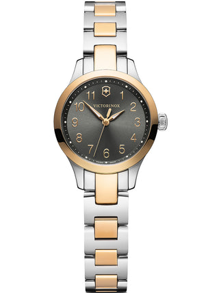 Front view of Victorinox 241841 Black Dial Gold Stainless Steel Womens Watch on white background