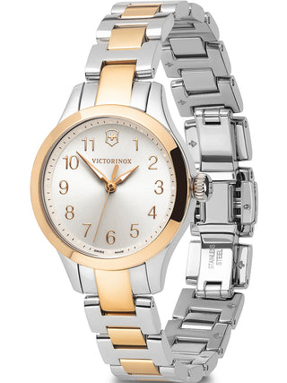 Angle shot of Victorinox 241842 Silver Dial Gold Stainless Steel Womens Watch on white background