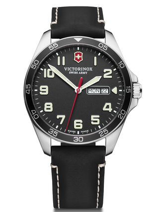 Front view of Victorinox 241846 Black Leather Unisex Watch on white background