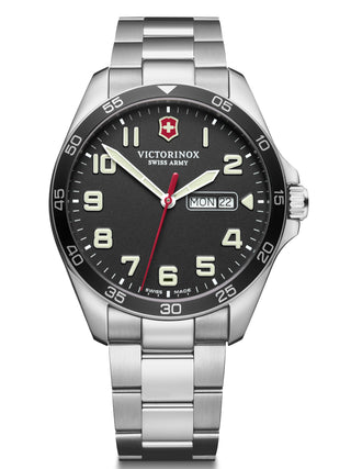 Front view of Victorinox 241849 Black Dial Silver Stainless Steel Unisex Watch on white background