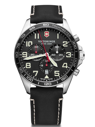Front view of Victorinox Chronograph 241852 Black Leather Unisex Watch on white background