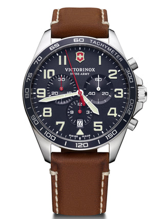 Front view of Victorinox Chronograph 241854 Blue Dial Brown Leather Unisex Watch on white background