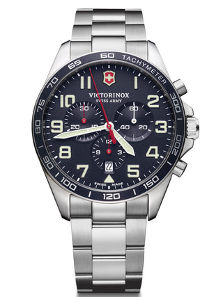 Front view of Victorinox Chronograph 241857 Blue Dial Silver Stainless Steel Unisex Watch on white background