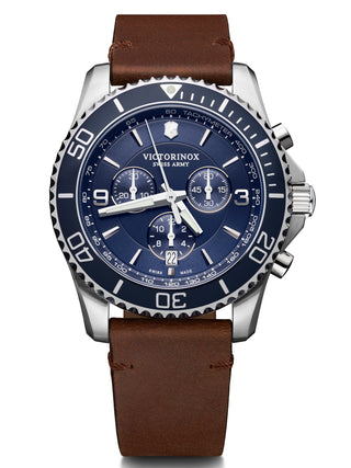 Front view of Victorinox Chronograph 241865 Blue Dial Brown Leather Unisex Watch on white background