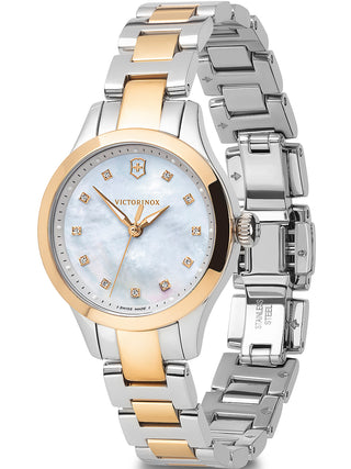 Angle shot of Victorinox 241877 Mother Of Pearl Dial Rose Gold Stainless Steel Womens Watch on white background