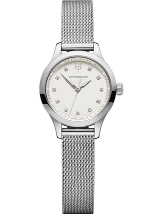Front view of Victorinox 241878 White Dial Silver Stainless Steel Womens Watch on white background
