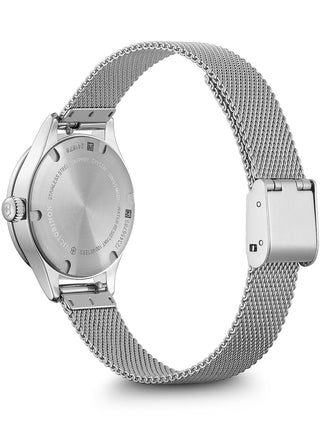 Angle shot of Victorinox 241878 White Dial Silver Stainless Steel Womens Watch on white background