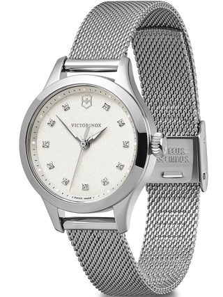 Angle shot of Victorinox 241878 White Dial Silver Stainless Steel Womens Watch on white background