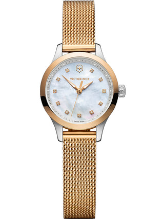 Front view of Victorinox 241879 Mother Of Pearl Dial Rose Gold Stainless Steel Womens Watch on white background