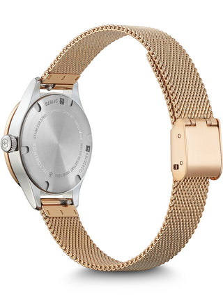 Angle shot of Victorinox 241879 Mother Of Pearl Dial Rose Gold Stainless Steel Womens Watch on white background