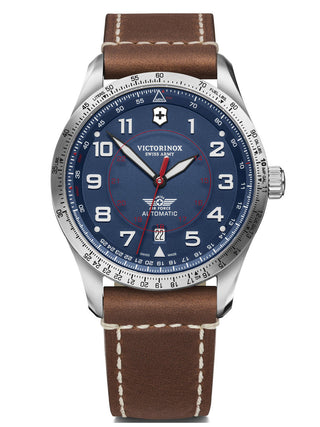 Front view of Victorinox 241887 Blue Dial Brown Leather Unisex Watch on white background
