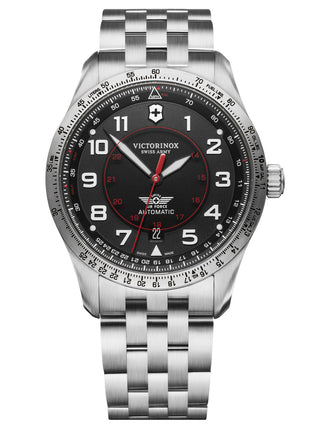 Front view of Victorinox 241888 Black Dial Silver Stainless Steel Unisex Watch on white background