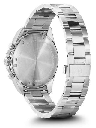Angle shot of Victorinox Chronograph 241899 Black Dial Silver Stainless Steel Unisex Watch on white background