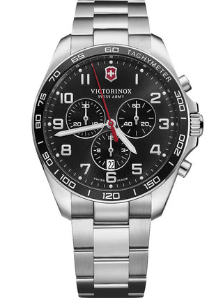 Front view of Victorinox Chronograph 241899 Black Dial Silver Stainless Steel Unisex Watch on white background