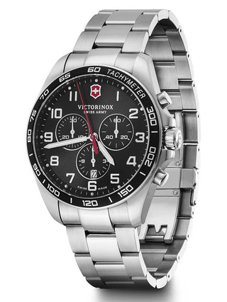 Angle shot of Victorinox Chronograph 241899 Black Dial Silver Stainless Steel Unisex Watch on white background