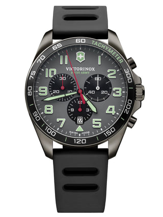 Front view of Victorinox Chronograph 241891 Grey Dial Black Strap Unisex Watch on white background