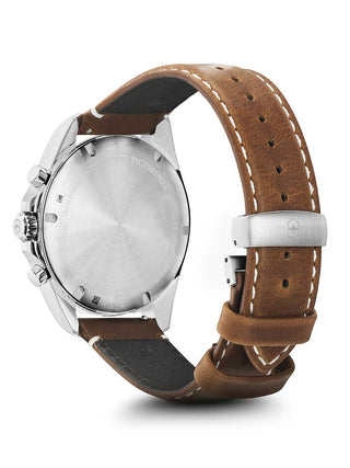 Angle shot of Victorinox Chronograph 241900 Silver Dial Brown Leather Unisex Watch on white background