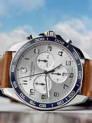 Angle shot of Victorinox Chronograph 241900 Silver Dial Brown Leather Unisex Watch on white background