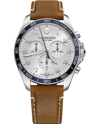 Front view of Victorinox Chronograph 241900 Silver Dial Brown Leather Unisex Watch on white background