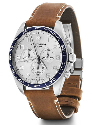 Angle shot of Victorinox Chronograph 241900 Silver Dial Brown Leather Unisex Watch on white background