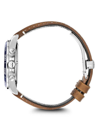 Angle shot of Victorinox Chronograph 241900 Silver Dial Brown Leather Unisex Watch on white background