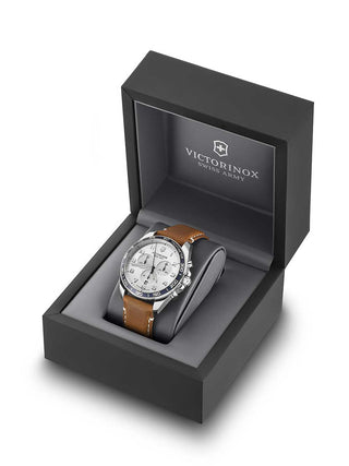 Angle shot of Victorinox Chronograph 241900 Silver Dial Brown Leather Unisex Watch on white background