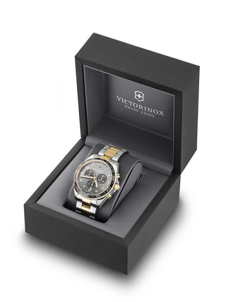 Angle shot of Victorinox Chronograph 241902 Grey Dial Gold Stainless Steel Unisex Watch on white background
