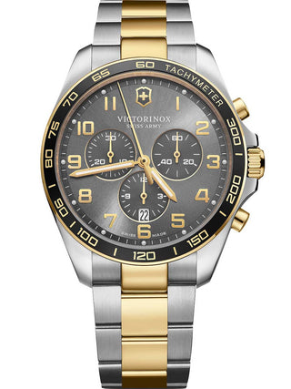 Front view of Victorinox Chronograph 241902 Grey Dial Gold Stainless Steel Unisex Watch on white background