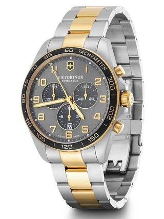 Angle shot of Victorinox Chronograph 241902 Grey Dial Gold Stainless Steel Unisex Watch on white background