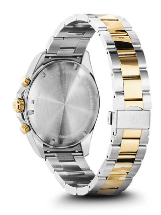 Angle shot of Victorinox Chronograph 241903 Silver Dial Gold Stainless Steel Unisex Watch on white background