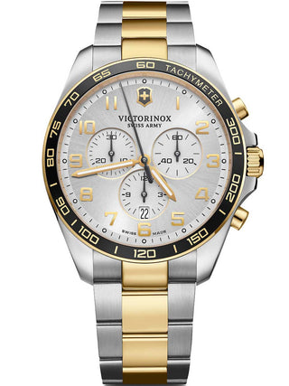 Front view of Victorinox Chronograph 241903 Silver Dial Gold Stainless Steel Unisex Watch on white background