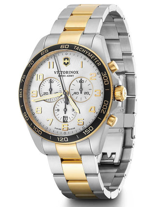 Angle shot of Victorinox Chronograph 241903 Silver Dial Gold Stainless Steel Unisex Watch on white background