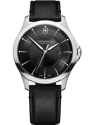 Front view of Victorinox 241904 Black Leather Unisex Watch on white background