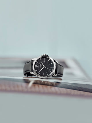 Angle shot of Victorinox 241904 Black Leather Unisex Watch on white background