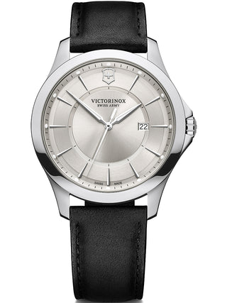 Front view of Victorinox 241905 Silver Dial Black Leather Unisex Watch on white background